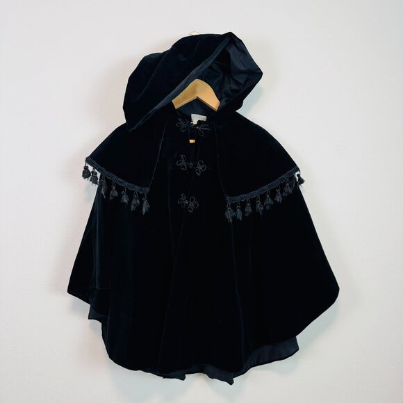 VTG Daisy Kingdom 80s 90s Black Velvet Cloak Cape Hood One Size Whimsigoth - Picture 1 of 10